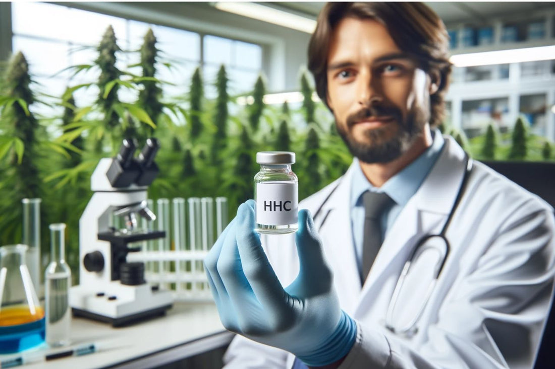 Изследовател държи малка стъклена бутилка