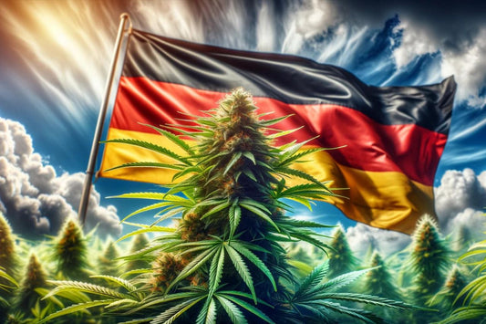 Растение канабис пред развяващо се германско знаме
