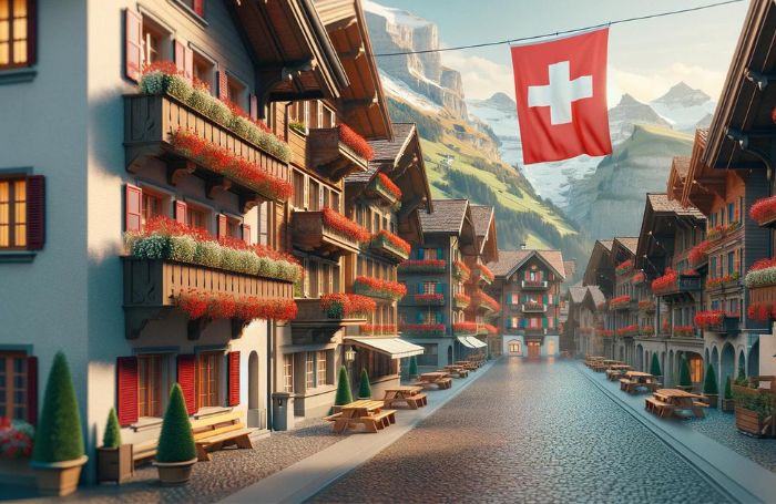 Размахване на швейцарското знаме в малък град в Швейцария