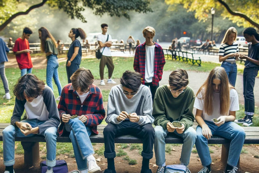 Група тийнейджъри, седнали на пейка
