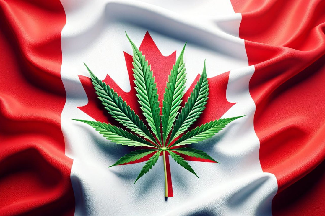 Листо от канабис пред канадското знаме