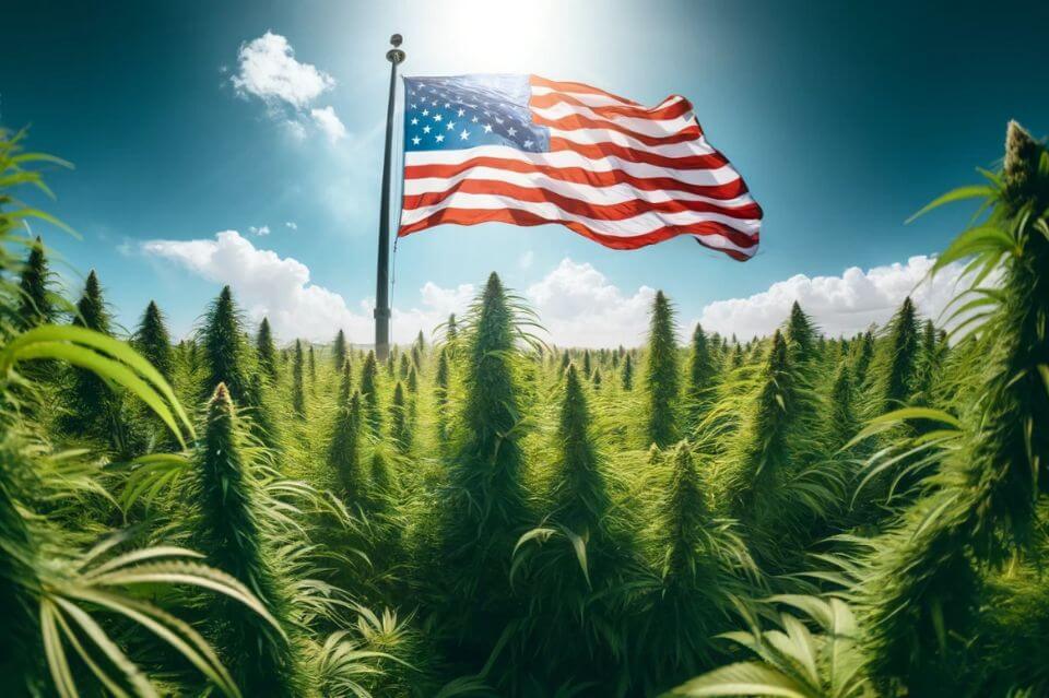 Размахване на американското знаме в полето с канабис