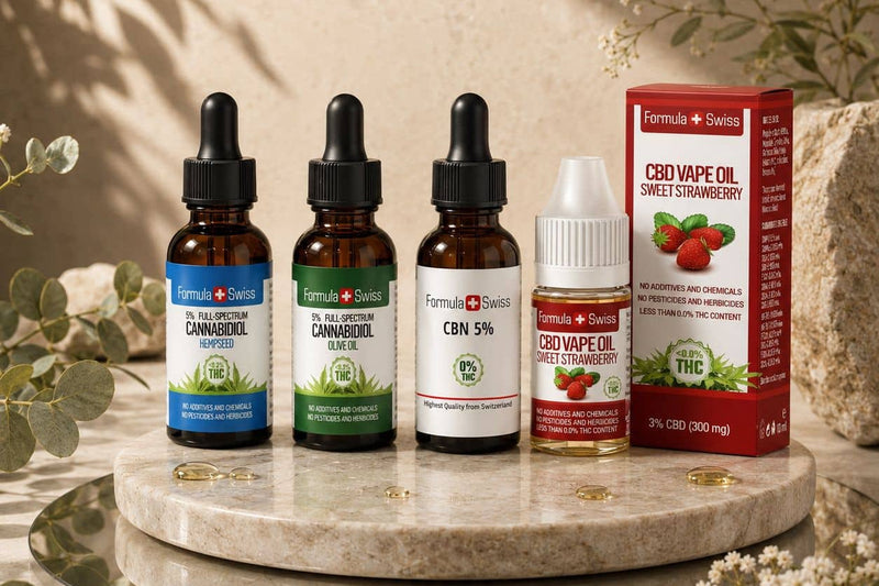 Масла Formula Swiss с 5% CBD в масло от конопено семе и маслиново масло, CBN масло 5% и CBD вейп масло с ягода на мраморна поставка
