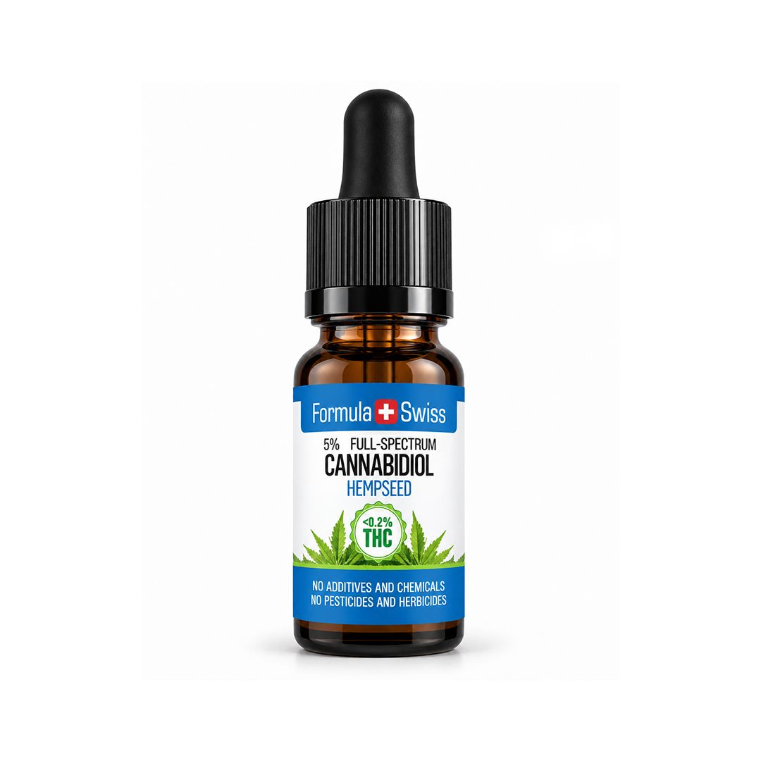 Шишенце от кехлибарено стъкло с капкомер: CBD масло в масло от конопено семе на Formula Swiss, етикет с листа от коноп