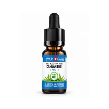 Шишенце от кехлибарено стъкло с капкомер: CBD масло в масло от конопено семе на Formula Swiss, етикет с листа от коноп
