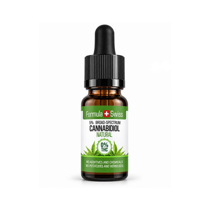 Шишенце от 10 мл с капкомер: натурално CBD масло на Formula Swiss, 5% CBD с широк спектър, бяло-зелен етикет