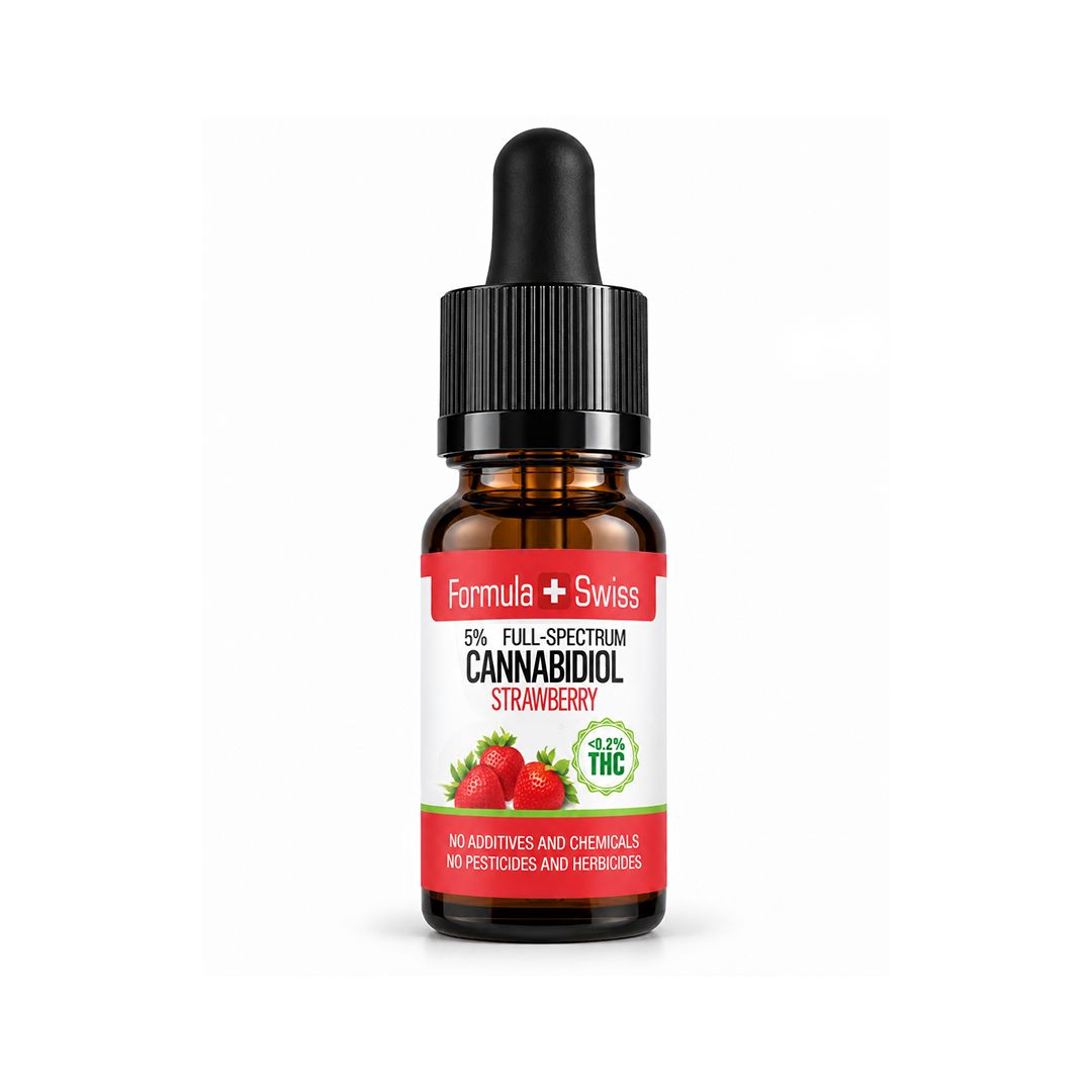 Шишенце с капкомер: CBD масло в MCT масло с ягода на Formula Swiss, под 0,2% THC, бял фон