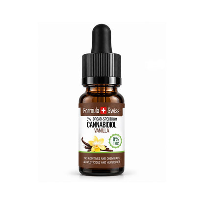 Шишенце с капкомер: CBD масло с ванилия на Formula Swiss, 5% CBD с широк спектър, етикет с цветове ванилия