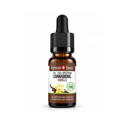 Шишенце с капкомер: CBD масло с ванилия на Formula Swiss, 5% CBD с пълен спектър, етикет с цветове ванилия