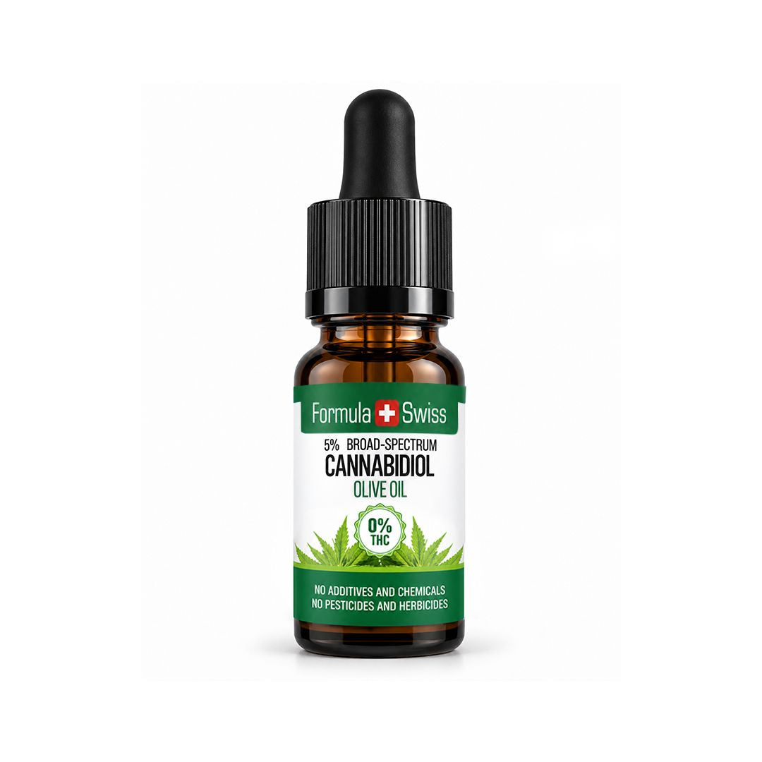 Шишенце с капкомер: CBD масло в зехтин на Formula Swiss, 0% THC, черна капачка и бял етикет, светлосив фон