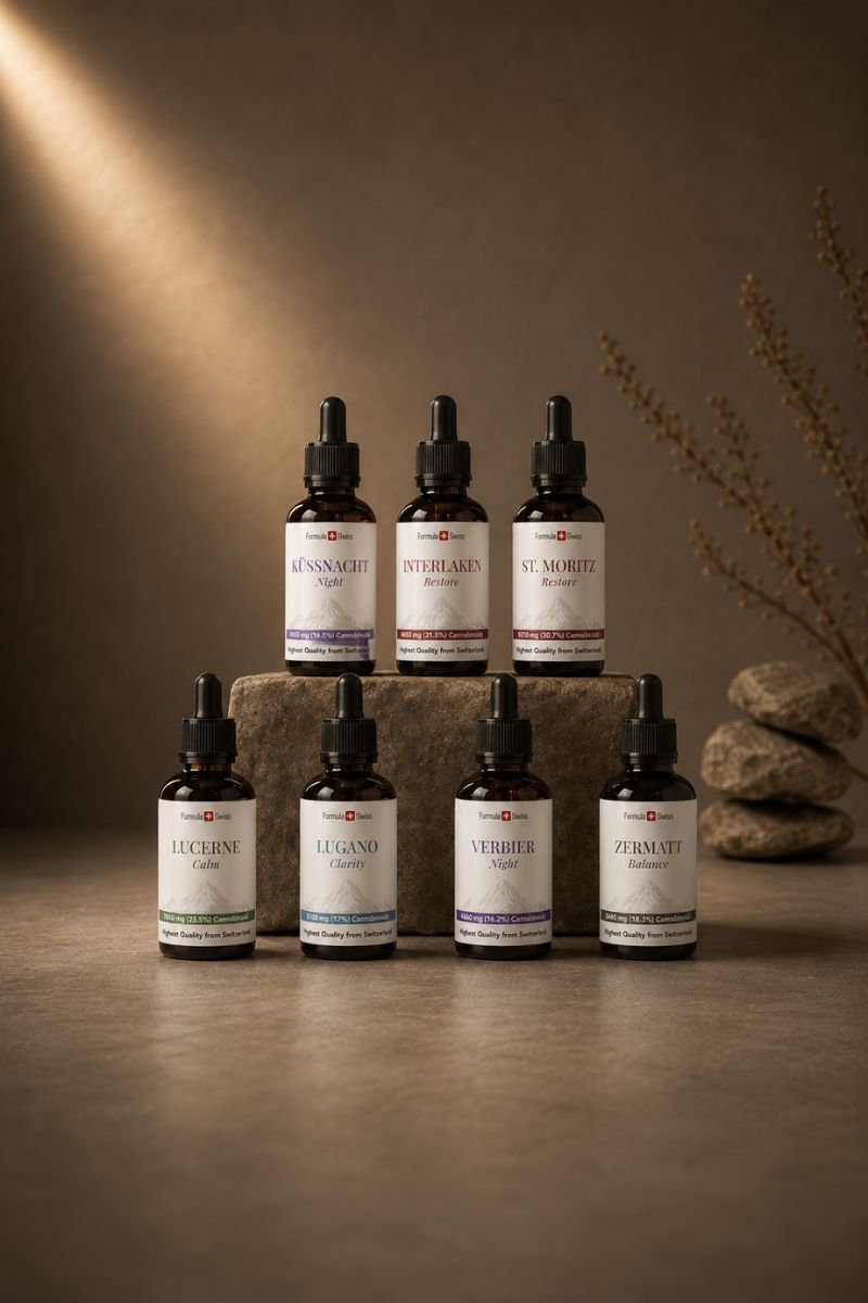 Формула Швийцарска колекция CBD масло със седем бутилки за кермен капкомер, подредени върху камък в първокласна студийна обстановка.