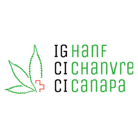 IG Hanf канабис индустрия асоциация лого със зелен коноп лист, швейцарски кръст и многоезично име.