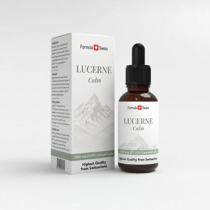 Бутилка и опаковка на Lucerne Calm от Formula Swiss на бял фон