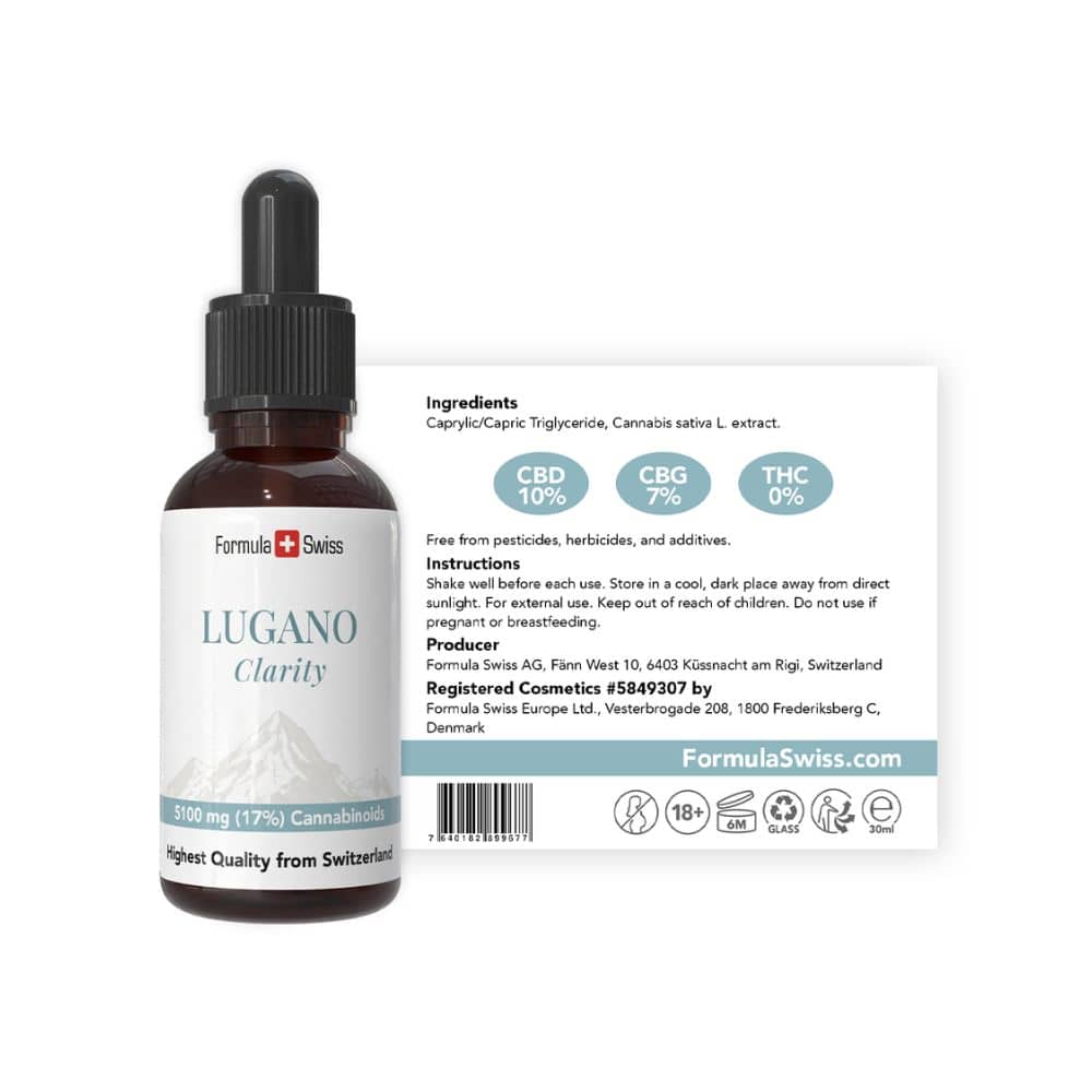 CBD бутилка с капкомер и етикет Lugano Clarity от Formula Swiss на бял фон