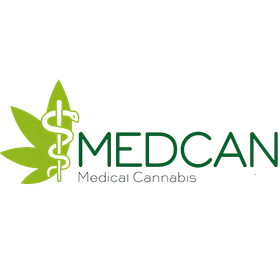 Логото на медицинския канабис MEDCAN със зелен лист канабис и аптечен символ на прозрачен фон.