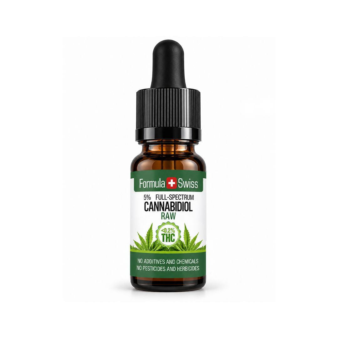 Шишенце от 10 мл с капкомер: RAW CBD масло на Formula Swiss, 5% CBD с пълен спектър, бял етикет със зелен лист от коноп