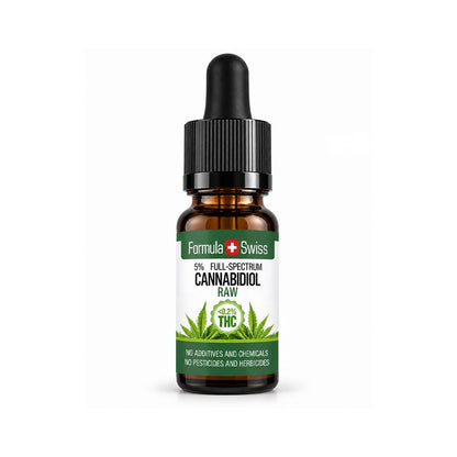 Шишенце от 10 мл с капкомер: RAW CBD масло на Formula Swiss, 5% CBD с пълен спектър, бял етикет със зелен лист от коноп