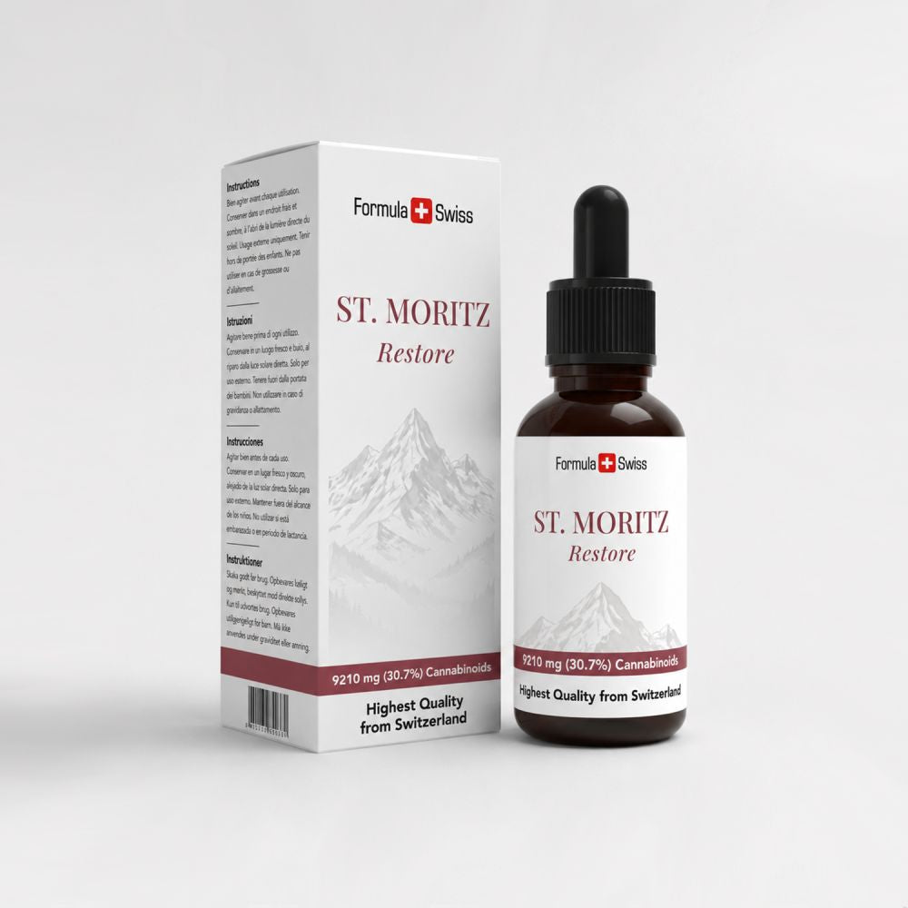 Бутилка и опаковка на St. Moritz Restore на бял фон