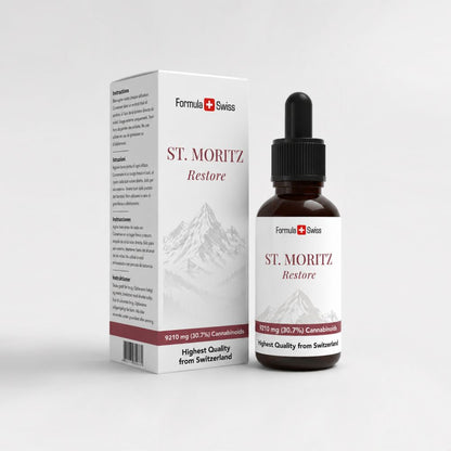 Бутилка и опаковка на St. Moritz Restore на бял фон