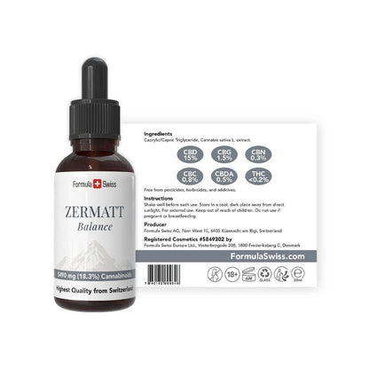 Бутилка CBD Zermatt Balance с етикет на бял фон