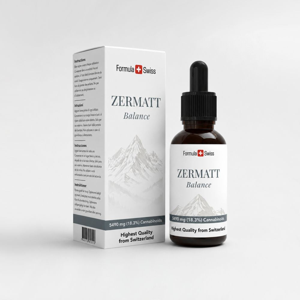 Опаковка на Zermatt Balance с бутилка и кутия на светлосив фон