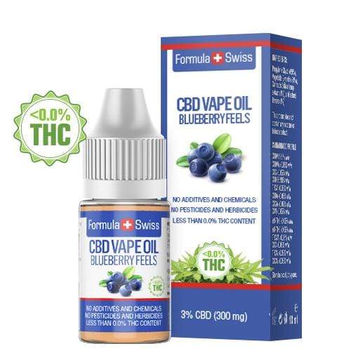 CBD масло за вейп Blueberry Feels на Formula Swiss, 3% CBD (300 мг), флакон 10 мл и кутия