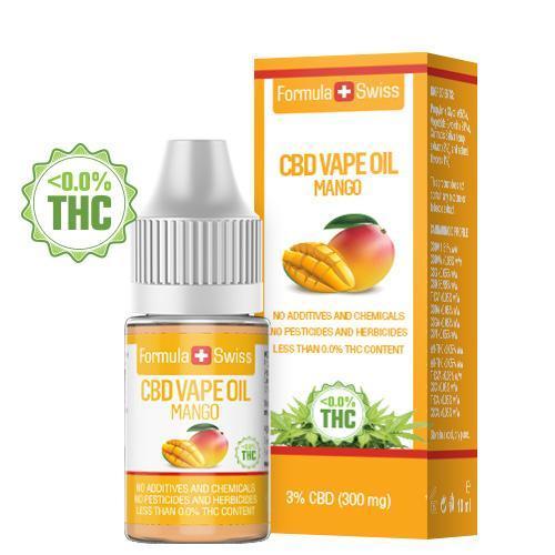 CBD масло за вейп с манго на Formula Swiss, 3% CBD (300 мг), флакон 10 мл и кутия